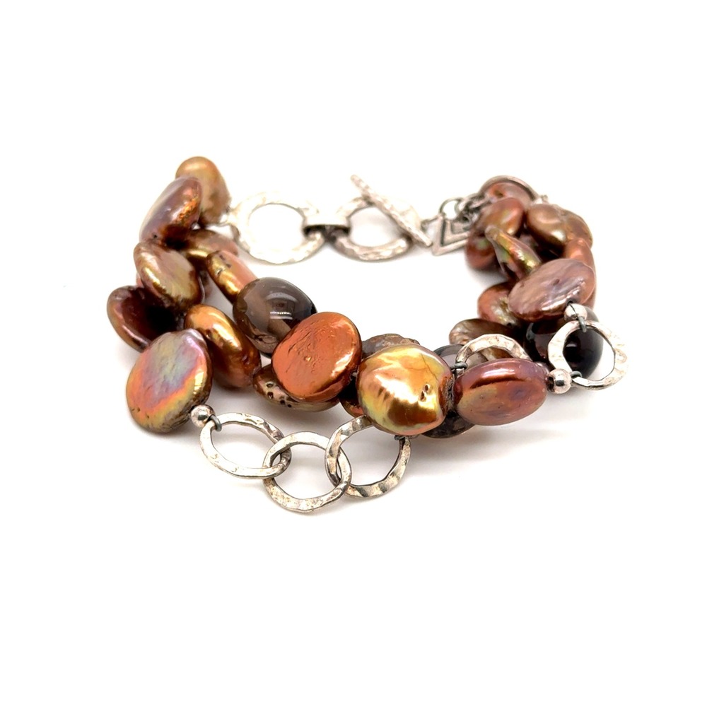 Silpada Sterling Silver Bronze Coin Pearl Smoky Quartz Multi Strand Bracelet 7in